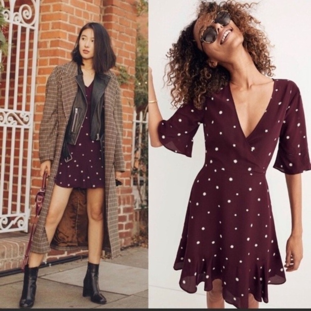 Madewell Burgundy Maroon Star Print V Neck Short Sleeve Silk Swing Dress Size 6